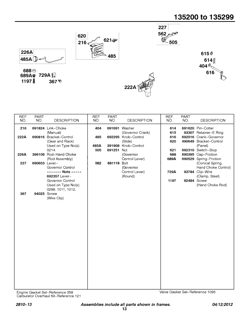 Controls Diagram and Parts List for 135207-0325-XX  Briggs and Stratton Engine